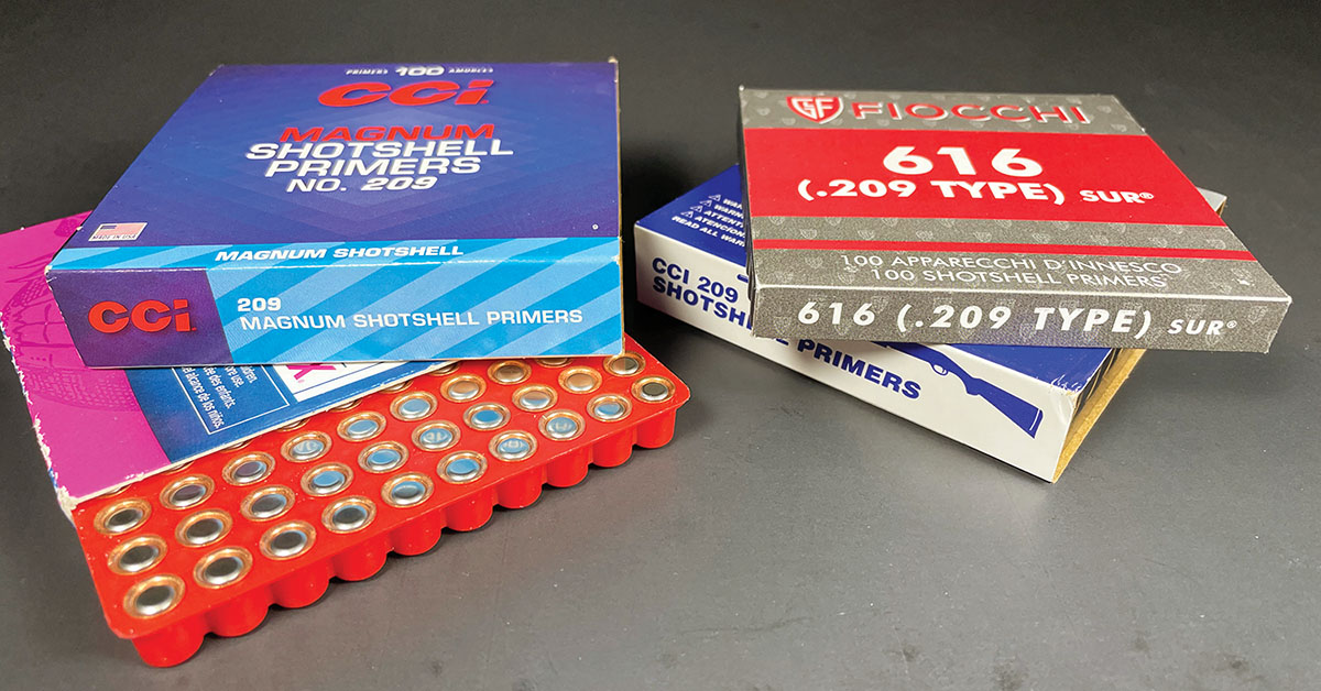 Primers made in the United States are hard to find – especially in quantities needed by the ardent 410 competitor. Fortunately, Fiocchi and Cheddite are filling the void. Keep in mind though, that imported primers are larger in size.